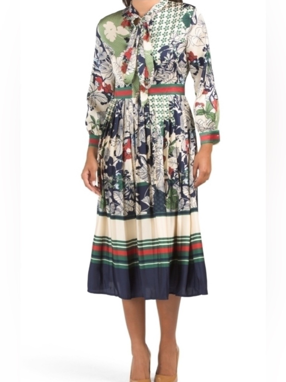 Dalia Macphee NWT Floral Tie-Neck Midi Dress in Navy, Green, Red & Cream